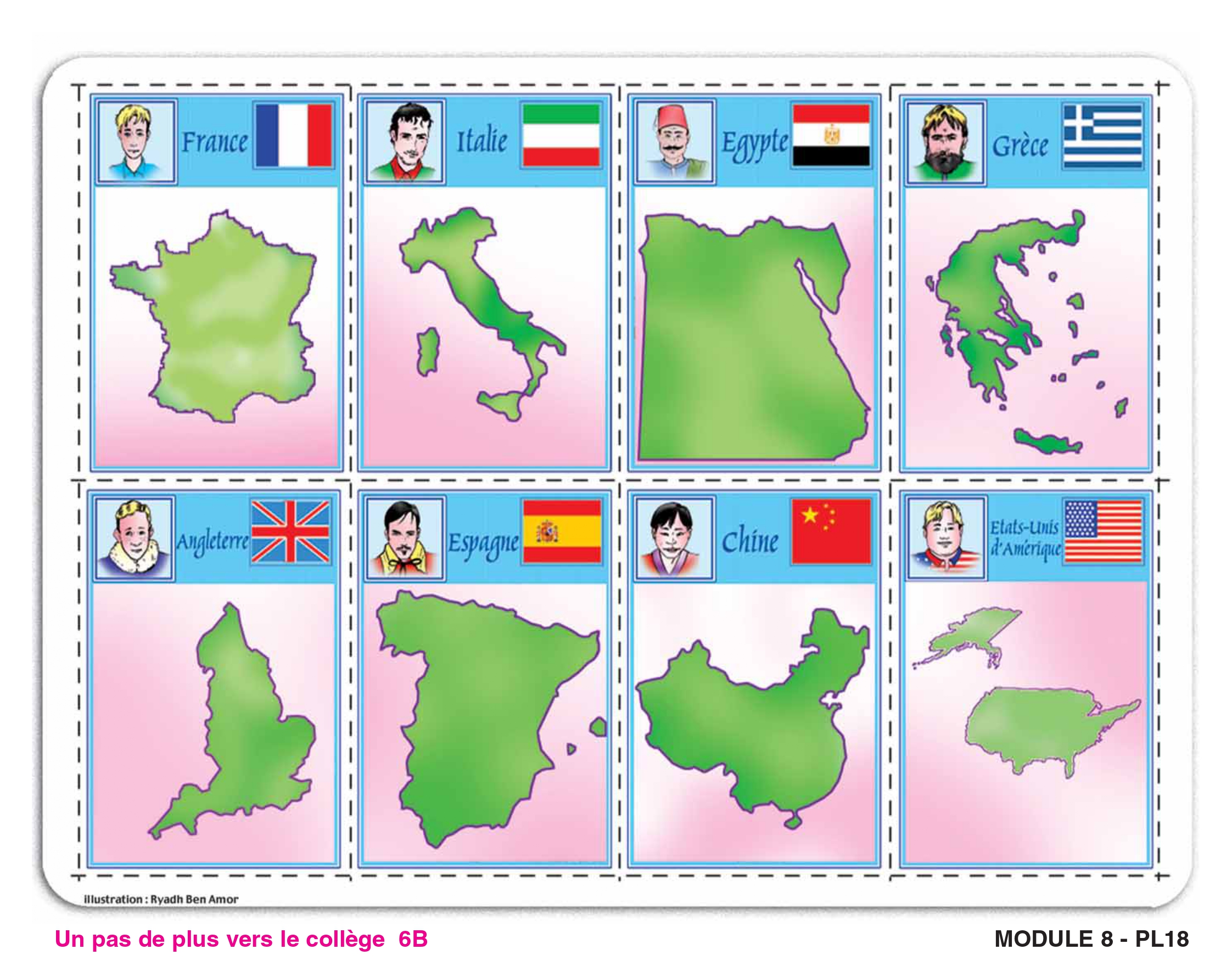 Huit pays avec leur drapeau et leur carte : France, Italie, Égypte, Grèce, Angleterre, Espagne, Chine, États-Unis d'Amérique